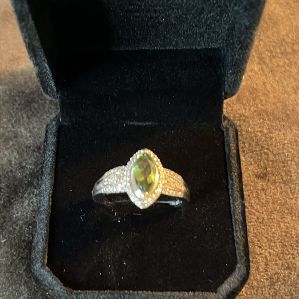Authentic Bohemian Moldavite & White Zircon Ring Platinum / Sterling Silver sz9